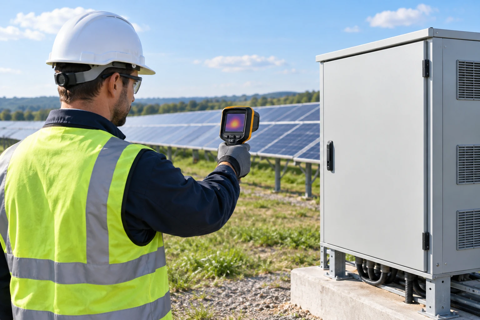 Illustrative technician inspecting solar inverter equipment