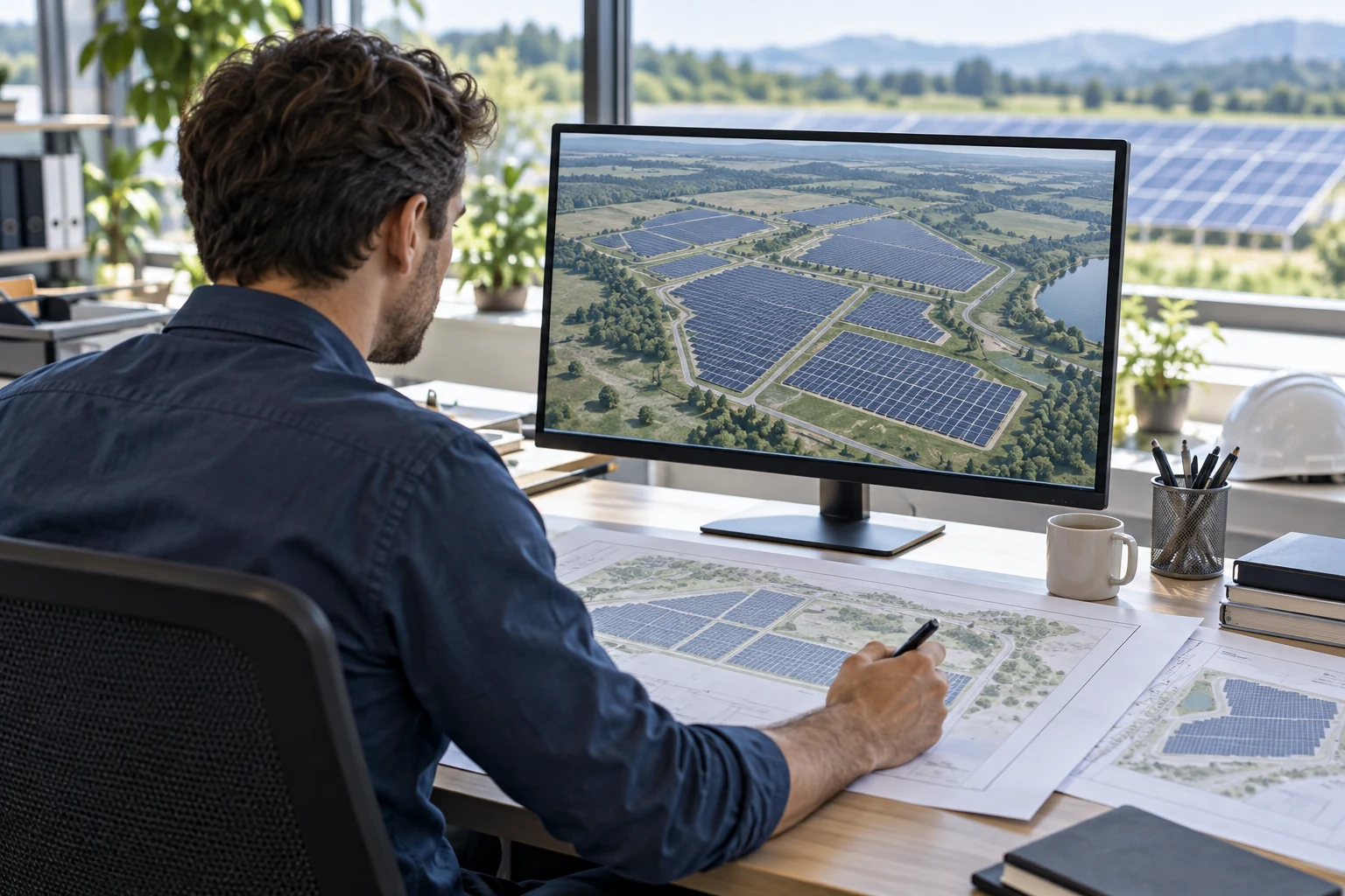 Illustrative engineer reviewing solar design layouts